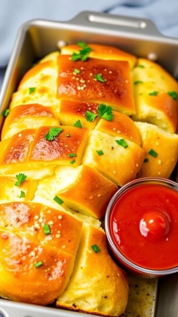 A golden loaf of pull apart garlic bread with melted butter and parsley, served with marinara sauce.